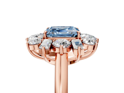 Rose gold Fancy Blue Asscher Cut Diamond Cluster Ring with Round and Baguette Stones, Split Shank Band, Prong Setting_5