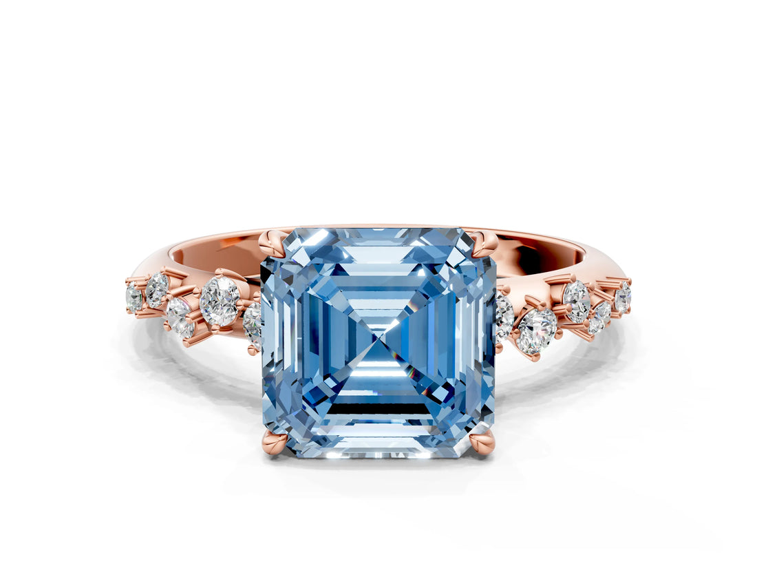 Rose gold Fancy Blue Asscher Cut Diamond Cluster Side Stone Solitaire Ring with Prong Setting_81