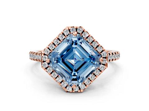 Rose gold Fancy Blue Asscher Cut Diamond Cushion Halo Ring with Pavé Band
