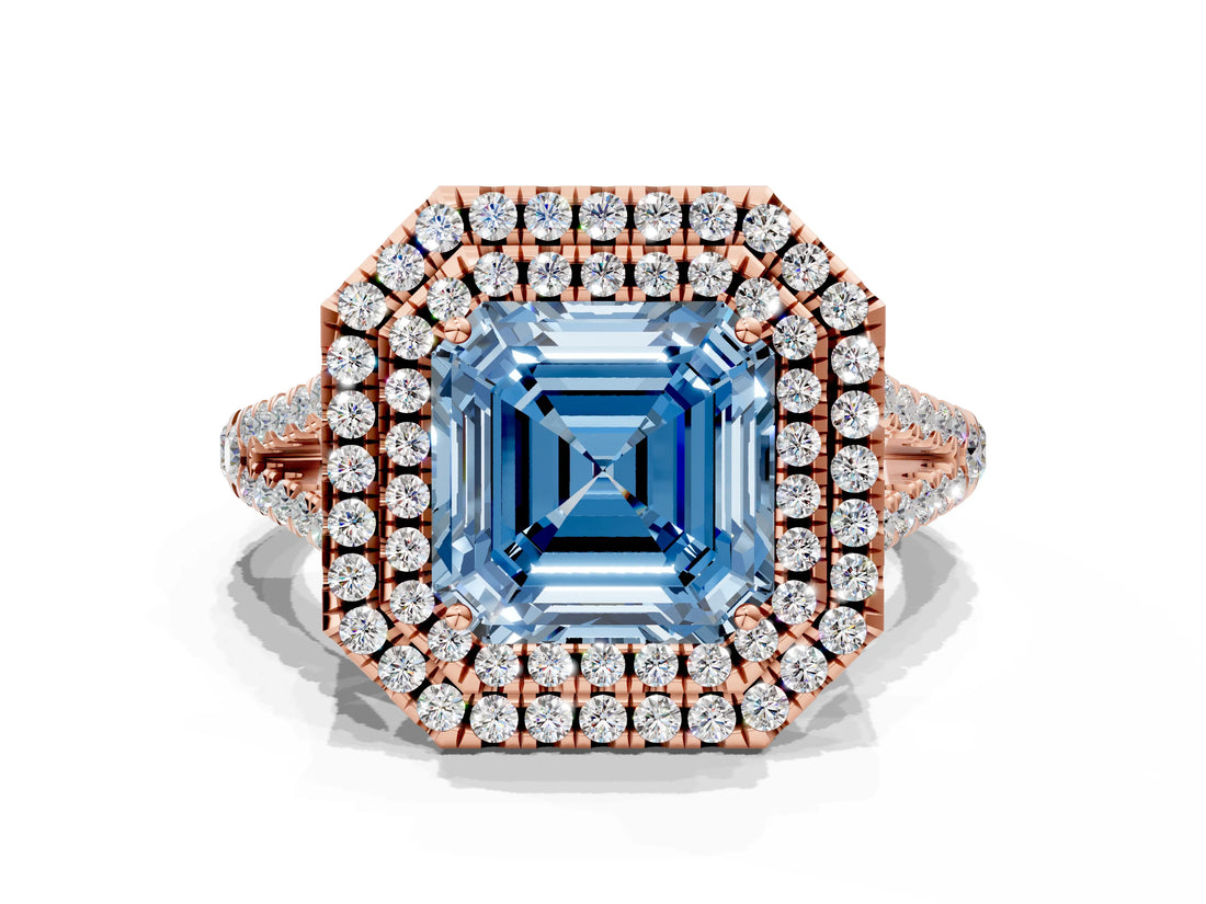Rose gold Fancy Blue Asscher Cut Diamond Double Halo Ring with Pavé Band and Prong Setting_22