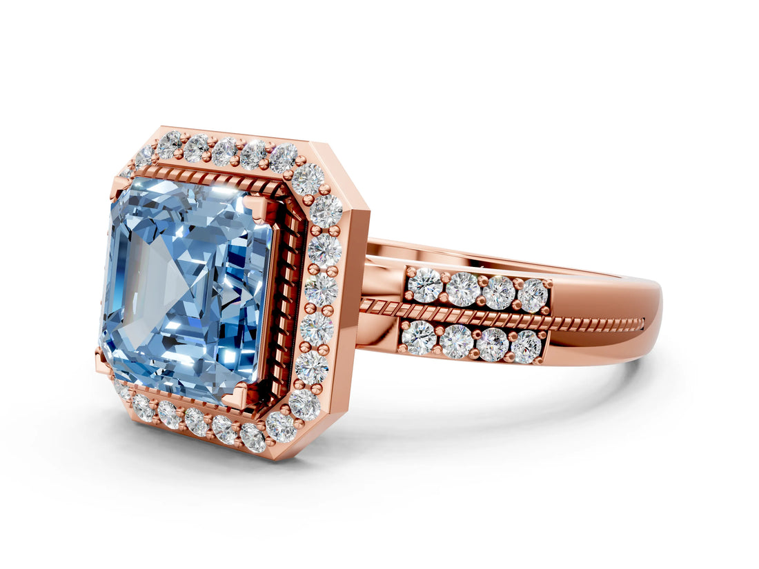 Rose gold Fancy Blue Asscher Cut Diamond Double Halo Ring with Split Shank and Four-Prong Setting_12