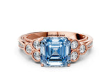 Rose gold Fancy Blue Asscher  Cut Diamond Engagement Ring with Bezel Set Round Side Stones and Prong Setting_64