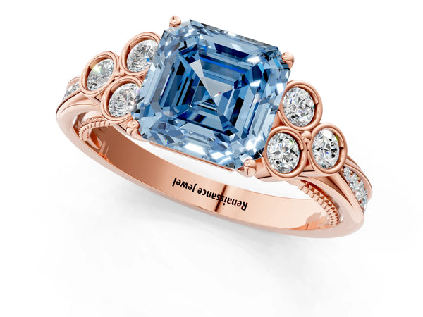 Rose Gold Asscher Cut Engagement Ring Setting for Fancy Blue Center with Bezel-Set Shoulder Clusters