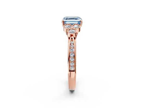 Rose Gold Asscher Cut Engagement Ring Setting for Fancy Blue Center with Bezel-Set Shoulder Clusters