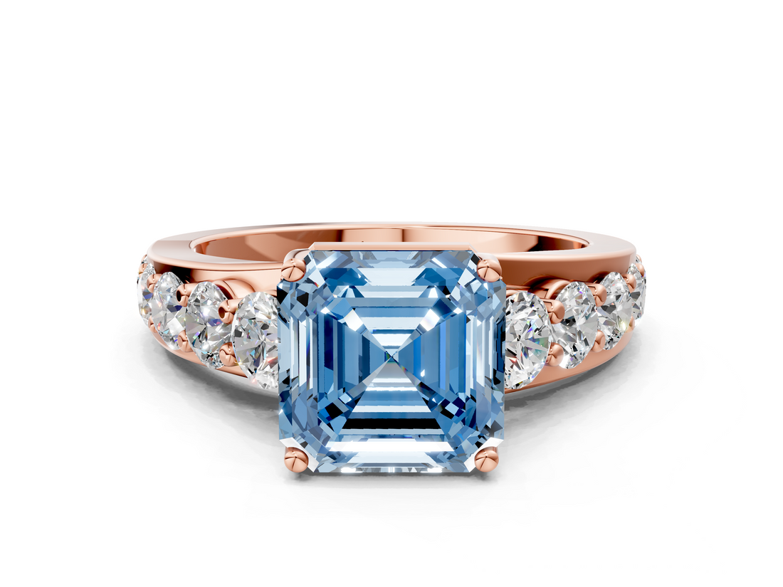 Rose gold Fancy Blue Asscher  Cut Diamond Engagement Ring with Pavé Band and Four-Prong Setting_3