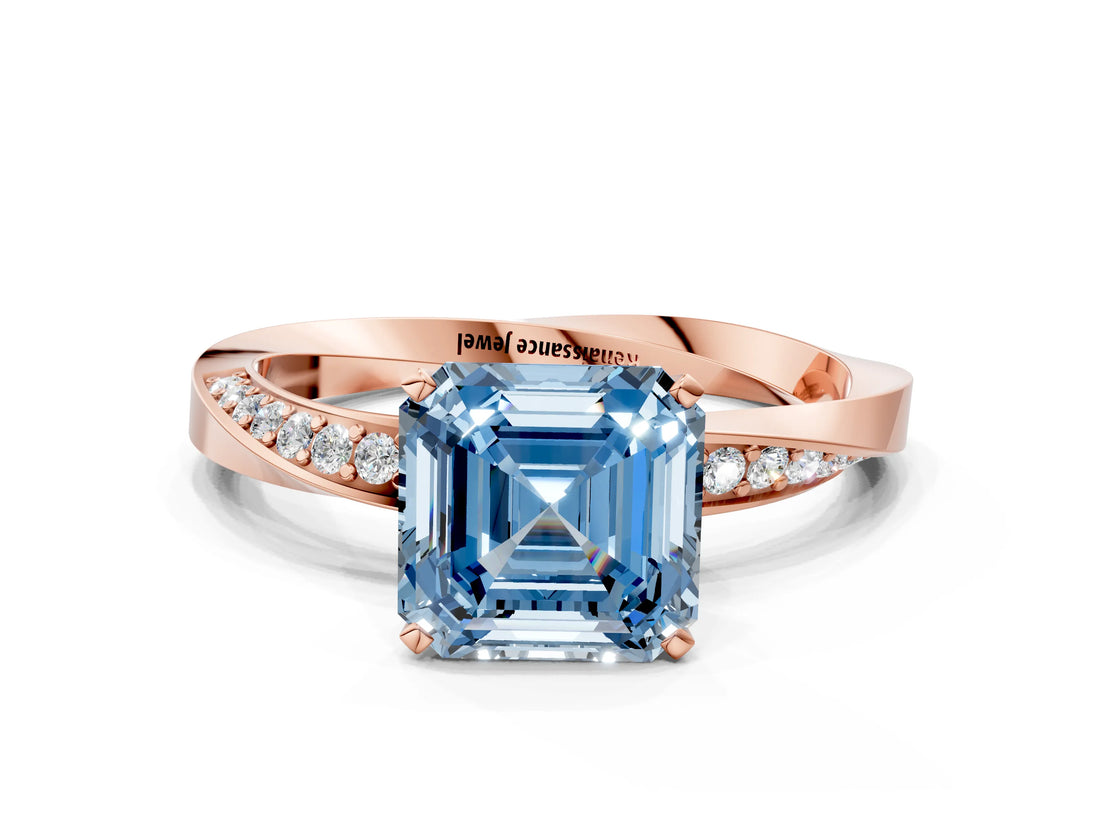 Rose gold Fancy Blue Asscher Cut Diamond Engagement Ring with Side Stone Accents and Four-Prong Setting_12