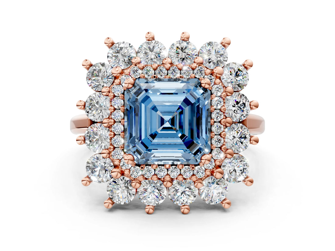Rose gold Fancy Blue Asscher Cut Diamond Floral Double Halo Engagement Ring with Prong Setting
