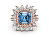 Rose gold Fancy Blue Asscher Cut Diamond Floral Double Halo Engagement Ring with Prong Setting