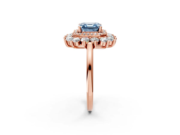 Rose Gold Asscher Cut Floral Double Halo Engagement Ring Setting for Fancy Blue Center