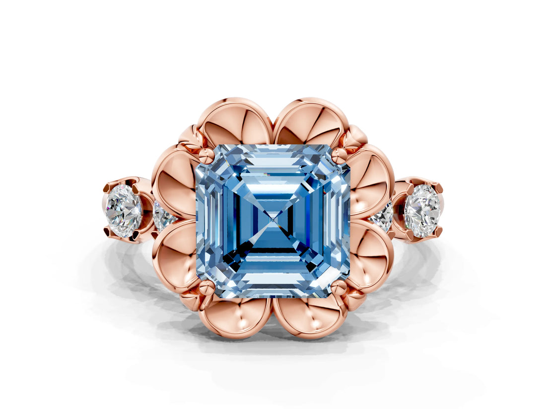 Rose gold Fancy Blue Asscher  Cut Diamond Floral Halo Engagement Ring with Shared Prong Setting 1