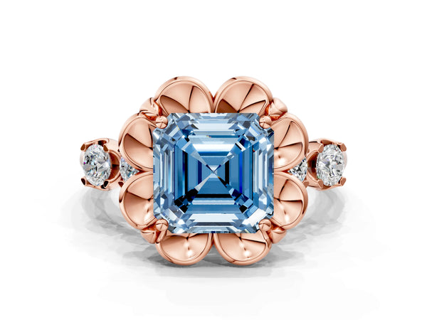 Rose gold Fancy Blue Asscher  Cut Diamond Floral Halo Engagement Ring with Shared Prong Setting