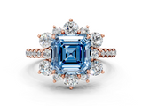 Rose gold Fancy Blue Asscher  Cut Diamond Floral Halo Pave Band with Prong Setting