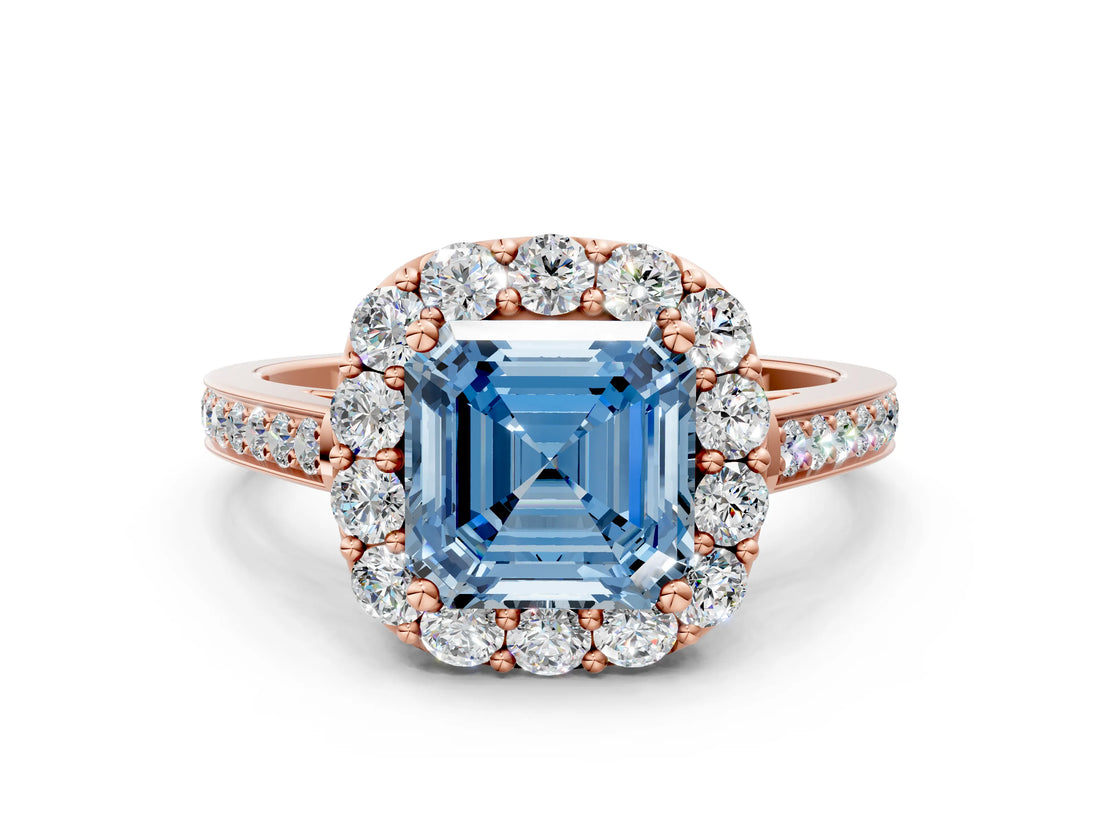 Rose gold Fancy Blue Asscher Cut Diamond Floral Halo Ring with Pavé Band and Prong Setting_3