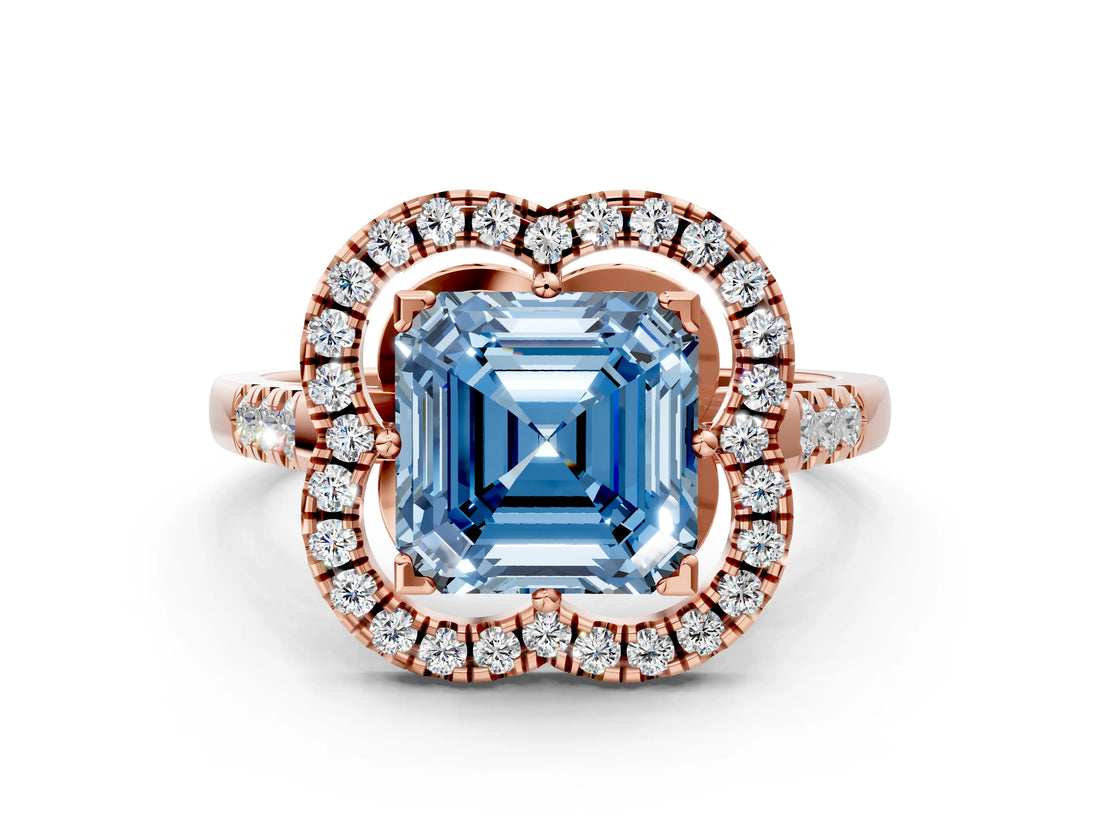 Rose gold Fancy Blue Asscher Cut Diamond Floral Halo Split Shank Prong Setting Ring