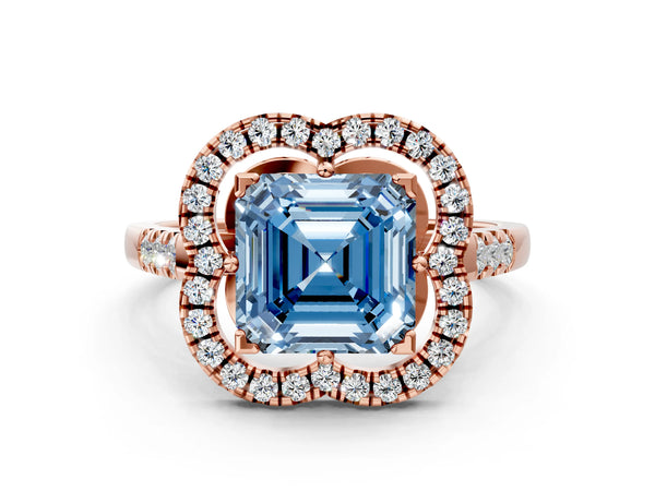 Rose gold Fancy Blue Asscher Cut Diamond Floral Halo Split Shank Prong Setting Ring