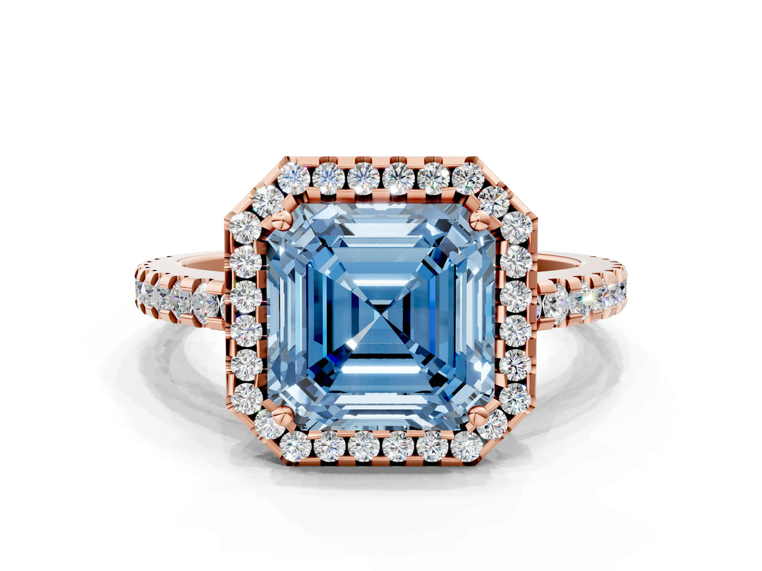 Rose gold Fancy Blue Asscher Cut Diamond Halo Engagement Ring with Pavé Band and Prong Setting_27