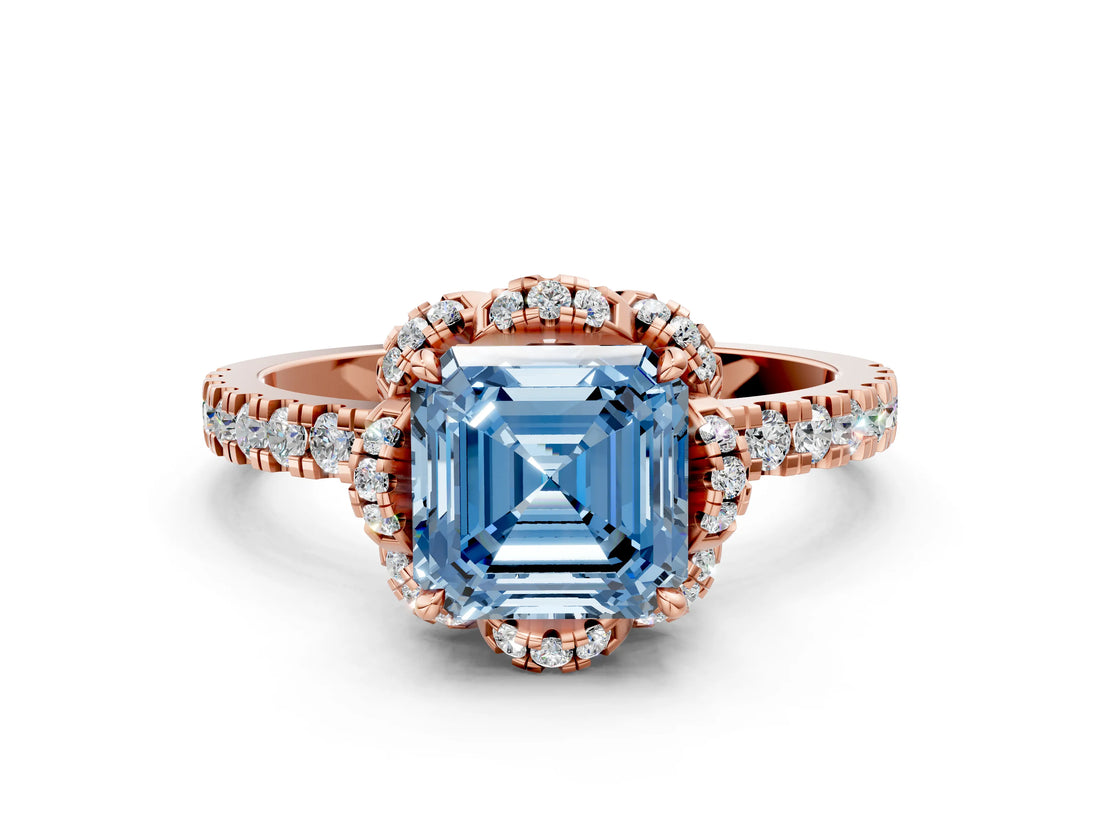 Rose gold Fancy Blue Asscher Cut Diamond Halo Pave Band with Four-Prong Setting_15