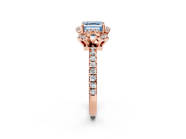 Rose Gold Asscher Cut Four Petal Floral Halo Engagement Ring Setting for Fancy Blue Center