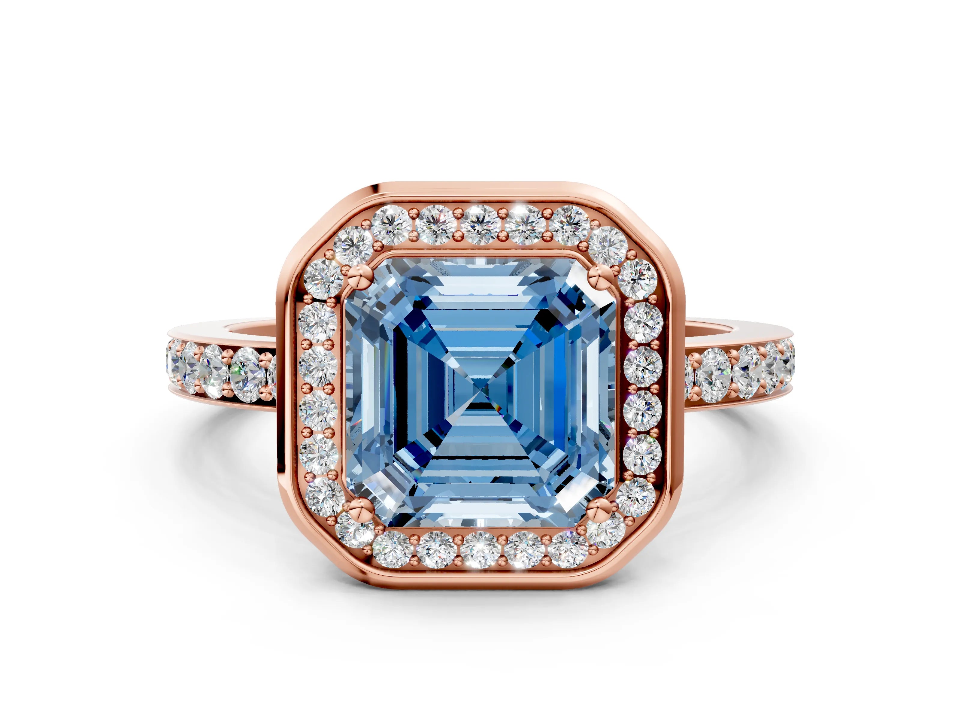 Rose gold Fancy Blue Asscher Cut Diamond Halo Ring with Bezel Frame and Pavé Band