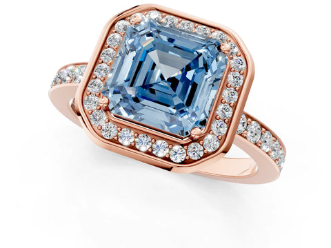 Rose gold Fancy Blue Asscher Cut Diamond Halo Ring with Bezel Frame and Pavé Band_1