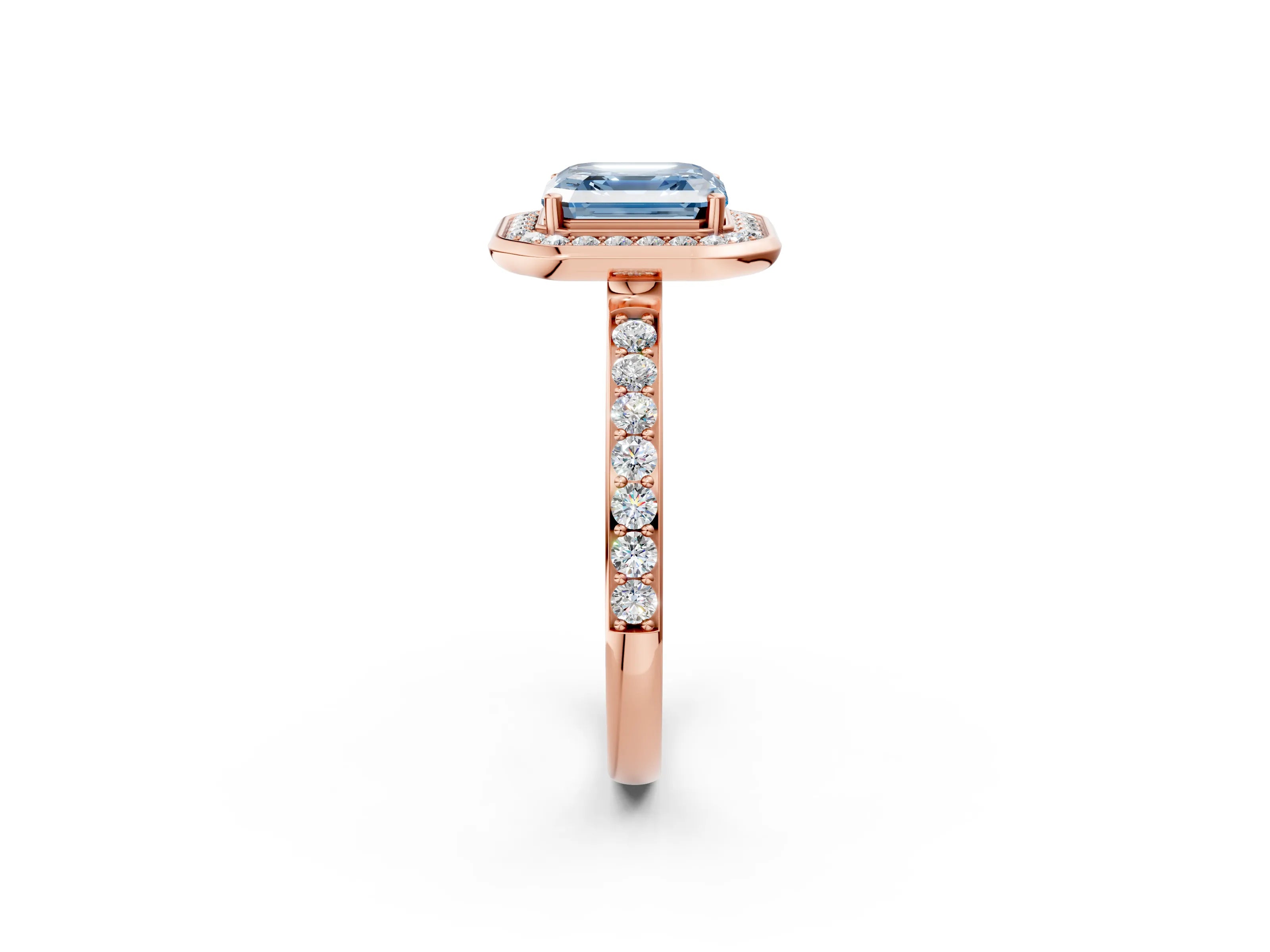 Rose gold Fancy Blue Asscher Cut Diamond Halo Ring with Bezel Frame and Pavé Band_2