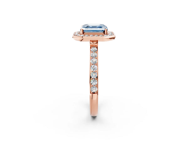 Rose Gold Asscher Cut Pave Bezel-Rim Halo Engagement Ring Setting for Fancy Blue Center