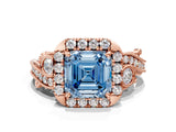 Rose gold Fancy Blue Asscher Cut Diamond Halo Ring with Milgrain Pavé Band and Four-Prong Setting_136