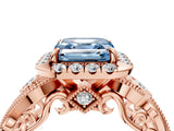 Rose gold Fancy Blue Asscher Cut Diamond Halo Ring with Milgrain Pavé Band and Four-Prong Setting_140