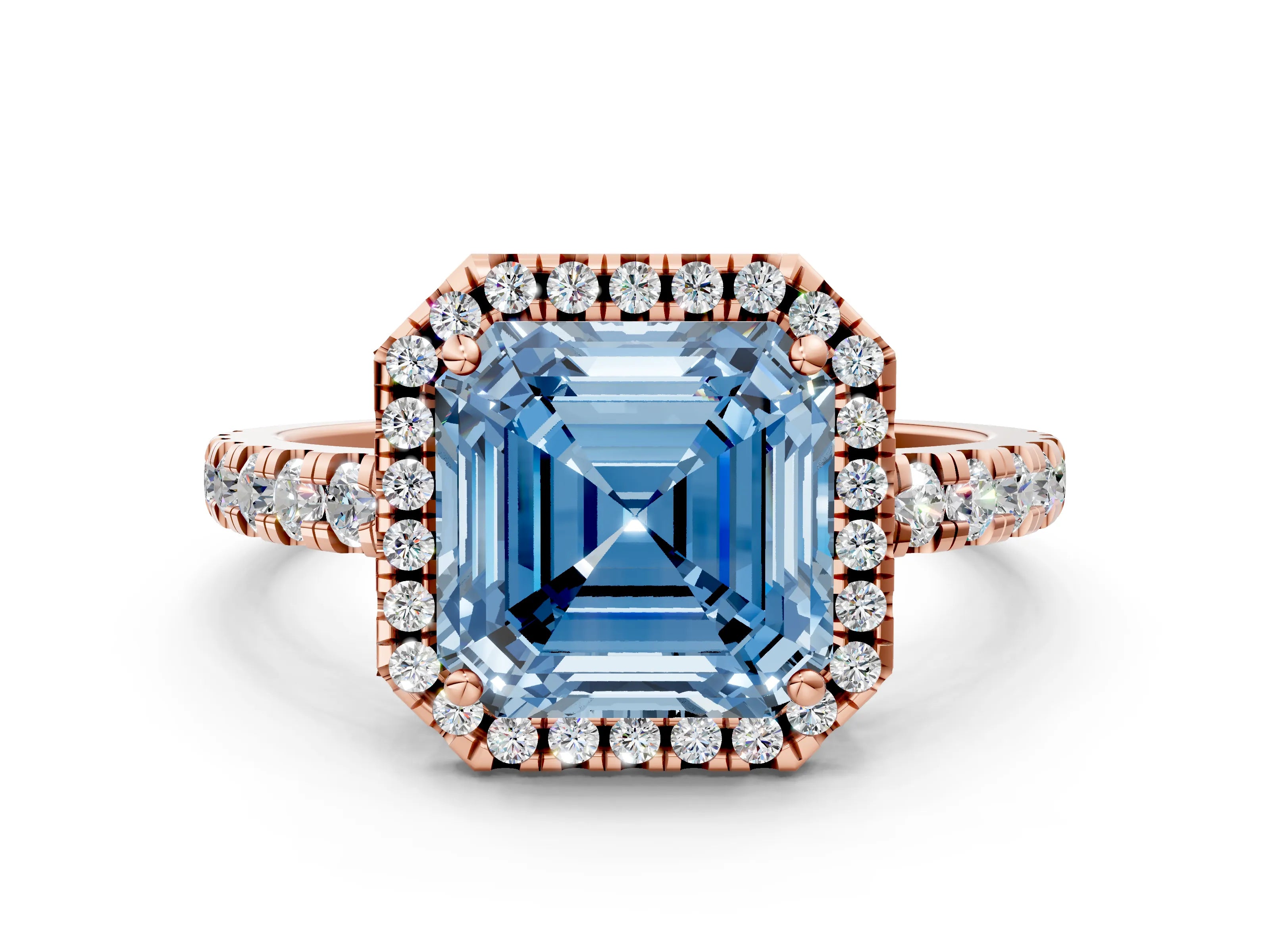 Rose gold Fancy Blue Asscher Cut Diamond Halo Ring with Pavé Band and Four-Prong Setting