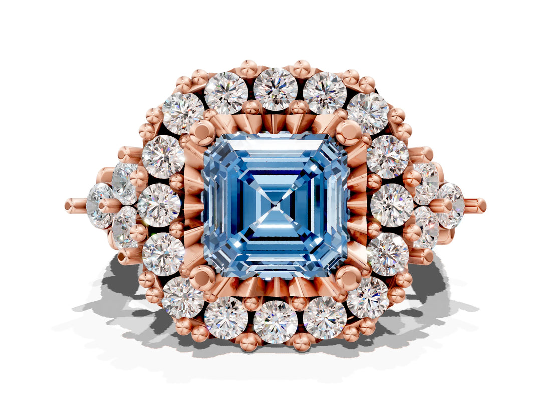 Rose gold Fancy Blue Asscher Cut Diamond Halo Ring with Pavé Band and Four-Prong Setting_17
