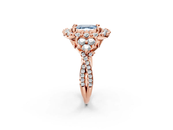 Rose Gold Asscher Cut Halo Crossover Pave Engagement Ring Setting for Fancy Blue Center