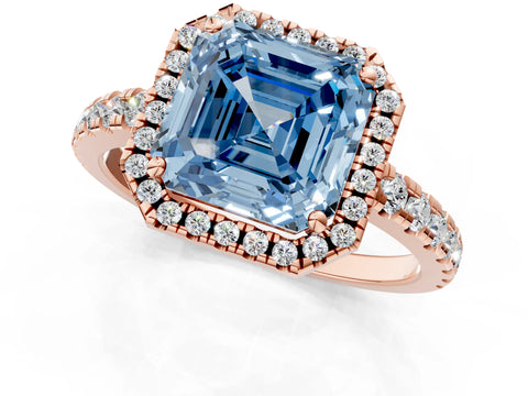 Rose gold Fancy Blue Asscher Cut Diamond Halo Ring with Pavé Band and Four-Prong Setting_1