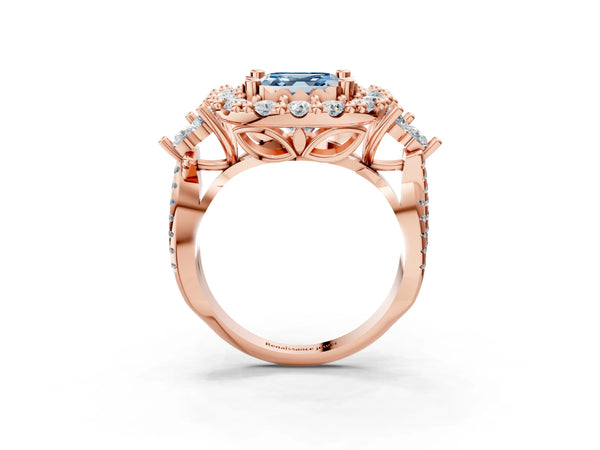 Rose Gold Asscher Cut Halo Crossover Pave Engagement Ring Setting for Fancy Blue Center