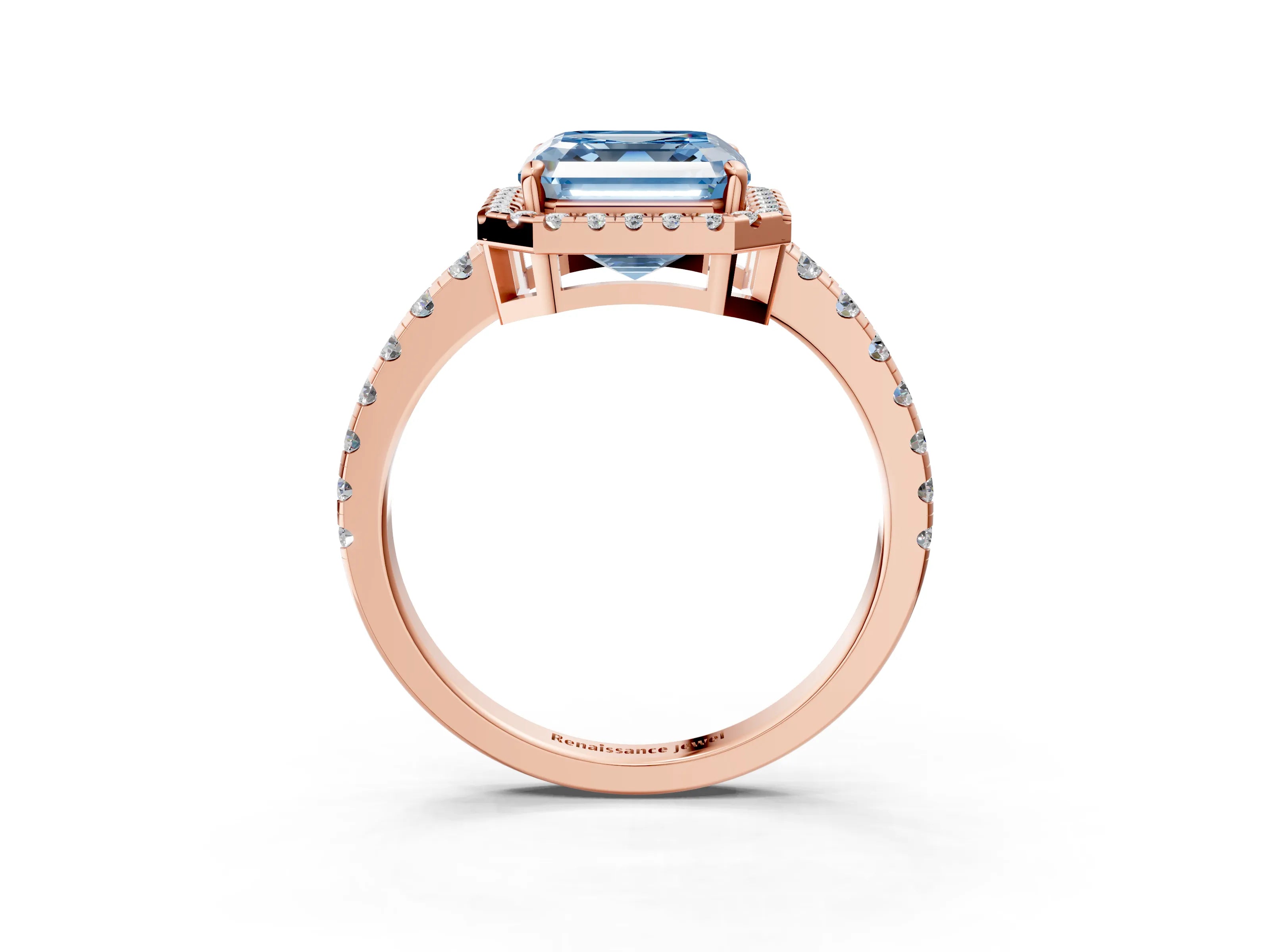 Rose gold Fancy Blue Asscher Cut Diamond Halo Ring with Pavé Band and Four-Prong Setting_3