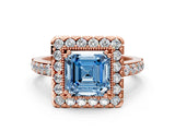 Rose gold Fancy Blue Asscher Cut Diamond Halo Ring with Pavé Band and Prong Setting