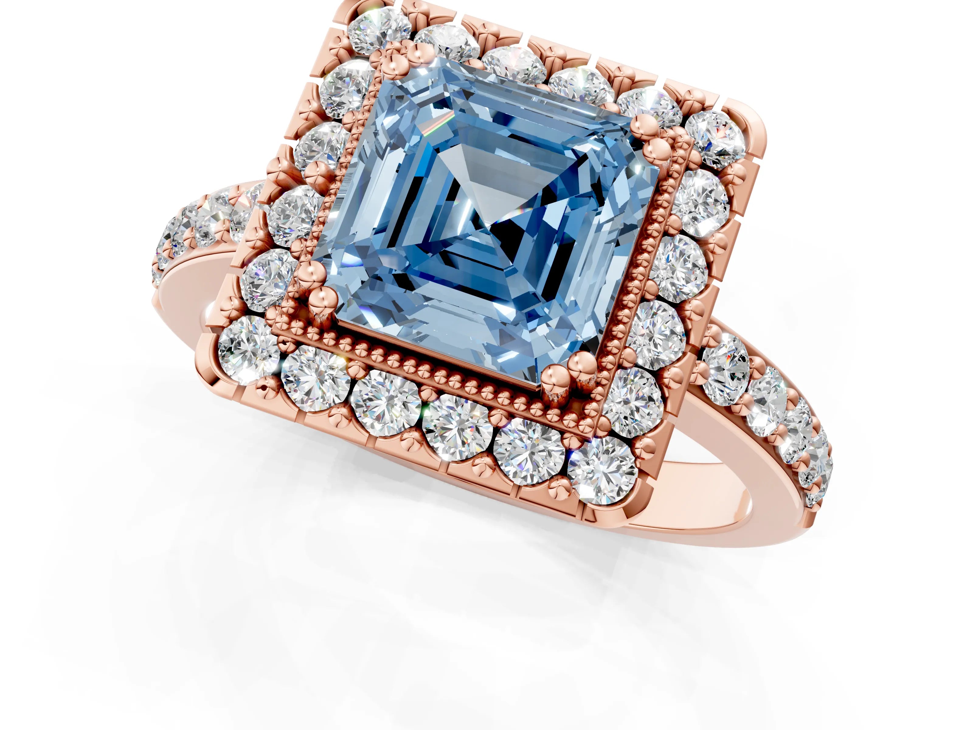 Rose gold Fancy Blue Asscher Cut Diamond Halo Ring with Pavé Band and Prong Setting_1