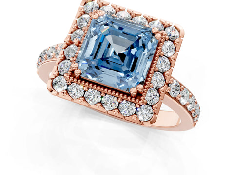 Rose gold Fancy Blue Asscher Cut Diamond Halo Ring with Pavé Band and Prong Setting_1