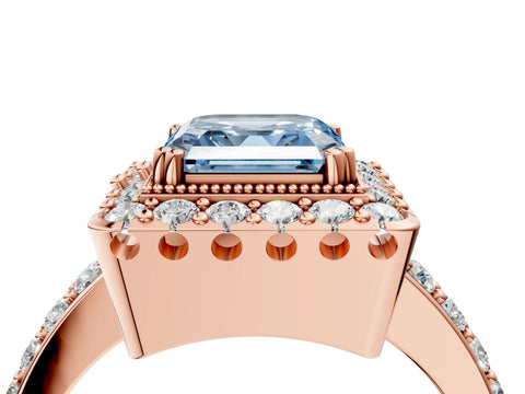Rose gold Fancy Blue Asscher Cut Diamond Halo Ring with Pavé Band and Prong Setting_4