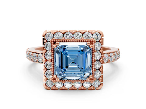 Rose gold Fancy Blue Asscher Cut Diamond Halo Ring with Pavé Band and Prong Setting