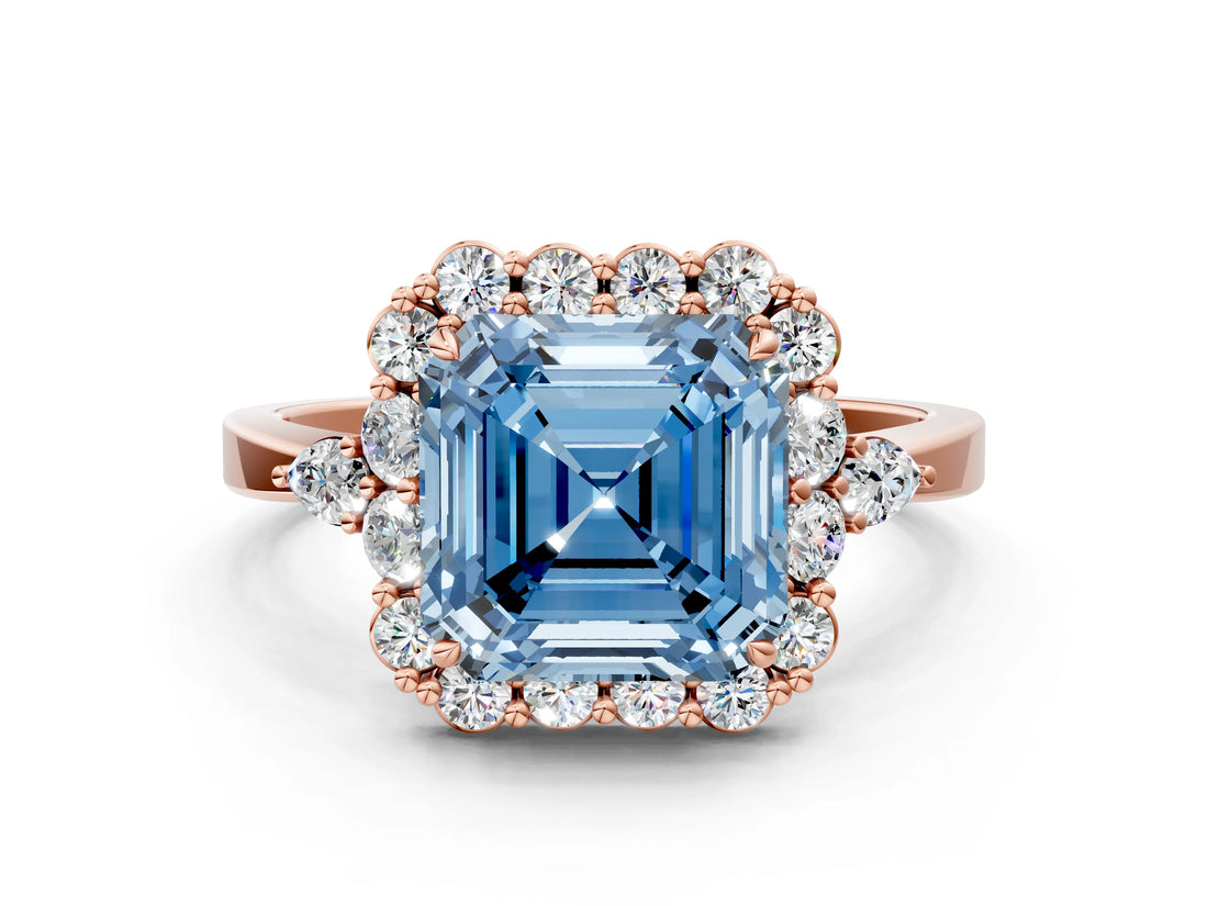 Rose gold Fancy Blue Asscher Cut Diamond Halo Ring with Pear Side Stones and Prong Setting_33