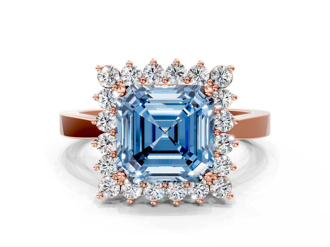 Rose gold Fancy Blue Asscher  Cut Diamond Halo Ring with Round Brilliant Halo and Solitaire Band_34