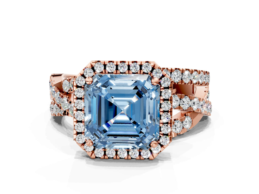 Rose gold Fancy Blue Asscher Cut Diamond Halo Ring with Round Split Shank and Prong Setting_48