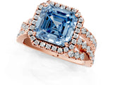 Rose gold Fancy Blue Asscher Cut Diamond Halo Ring with Round Split Shank and Prong Setting_49