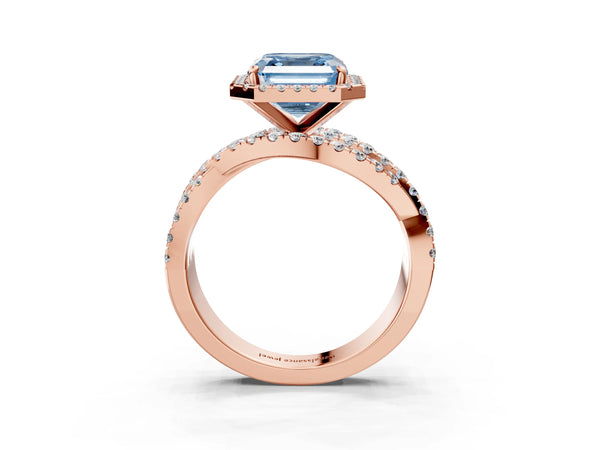 Rose Gold Asscher Cut Halo Twist Engagement Ring Setting for Fancy Blue Center