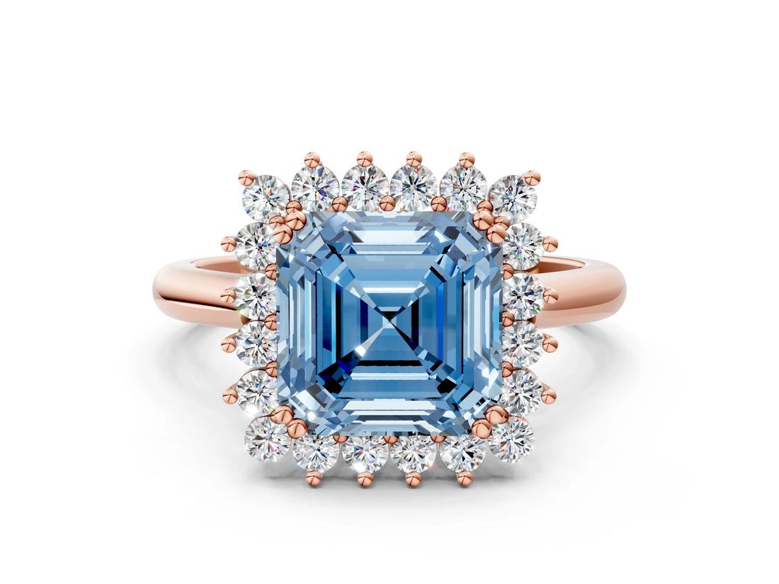 Rose gold Fancy Blue Asscher  Cut Diamond Halo Ring with Solitaire Band and Prong Setting_51