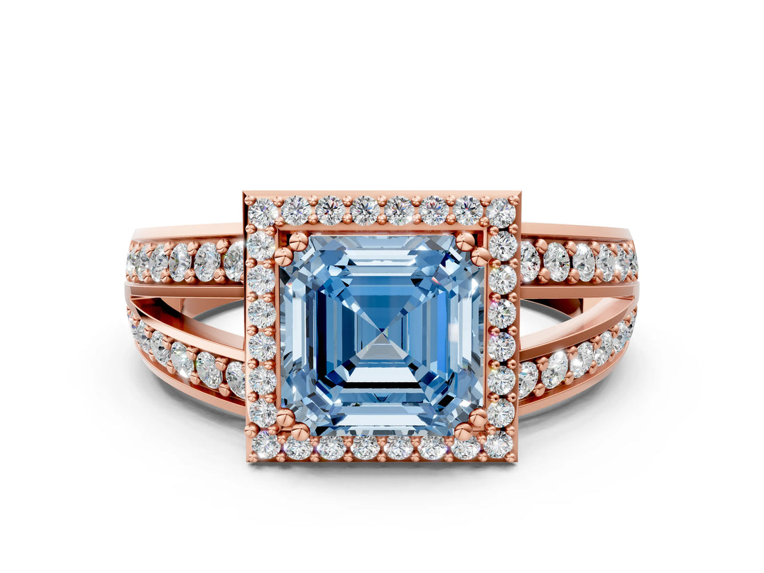 Rose gold Fancy Blue Asscher Cut Diamond Halo Ring with Split Shank Pavé Band and Four-Prong Setting
