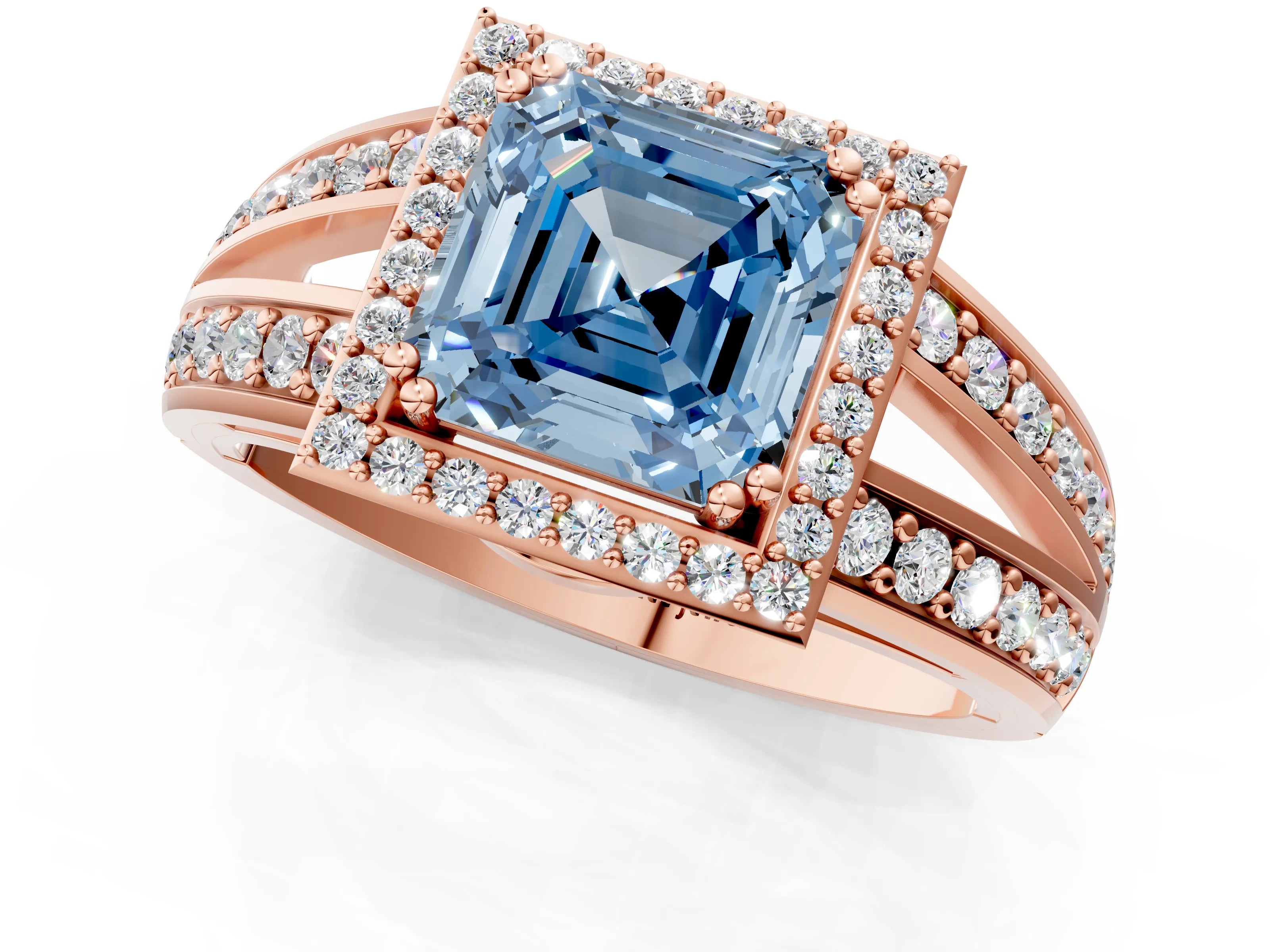 Rose gold Fancy Blue Asscher Cut Diamond Halo Ring with Split Shank Pavé Band and Four-Prong Setting_1