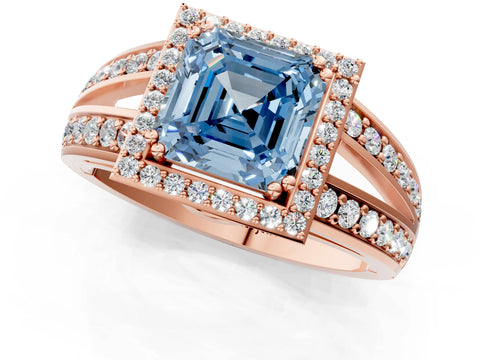 Rose gold Fancy Blue Asscher Cut Diamond Halo Ring with Split Shank Pavé Band and Four-Prong Setting_1