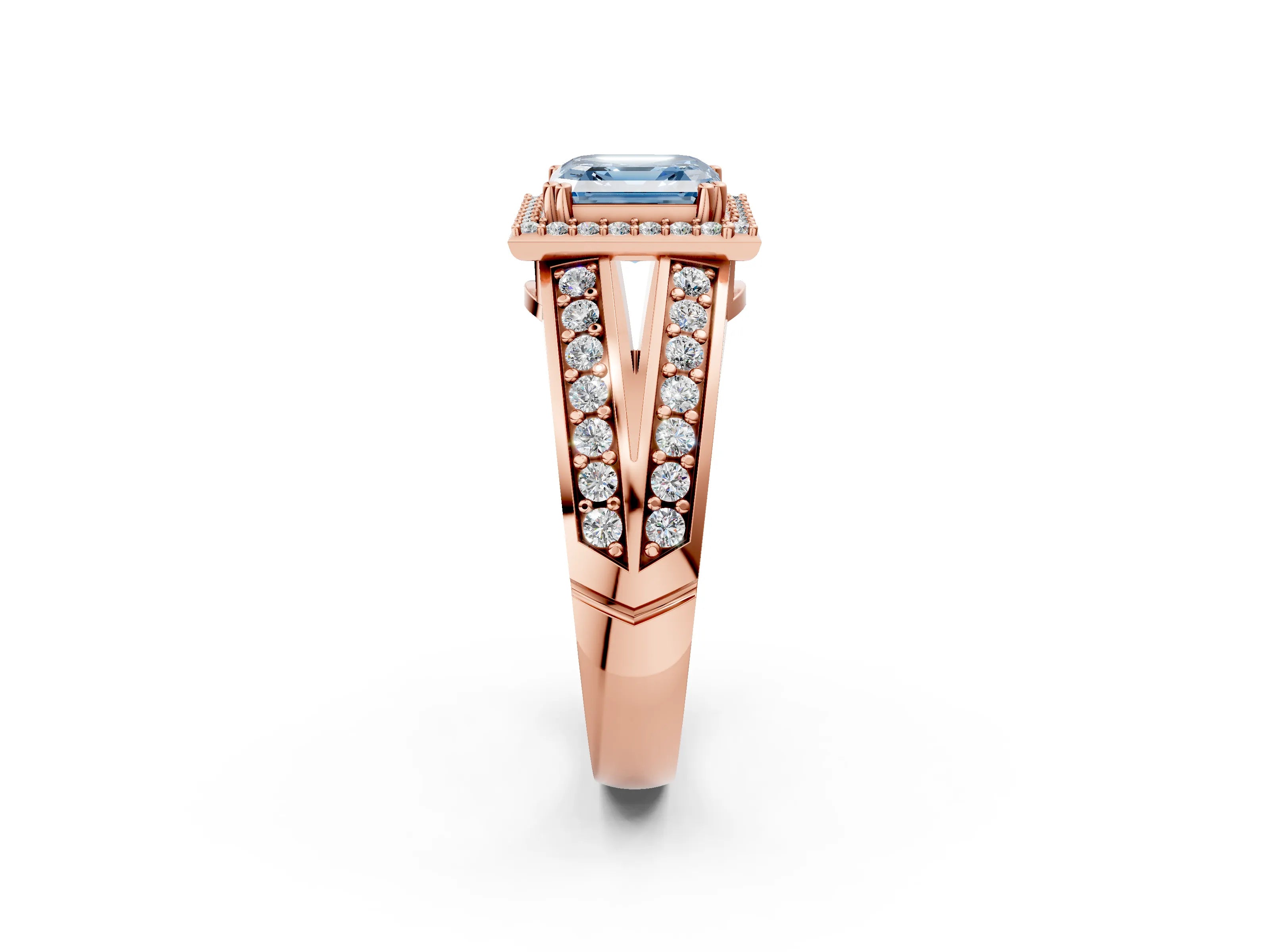 Rose gold Fancy Blue Asscher Cut Diamond Halo Ring with Split Shank Pavé Band and Four-Prong Setting_2