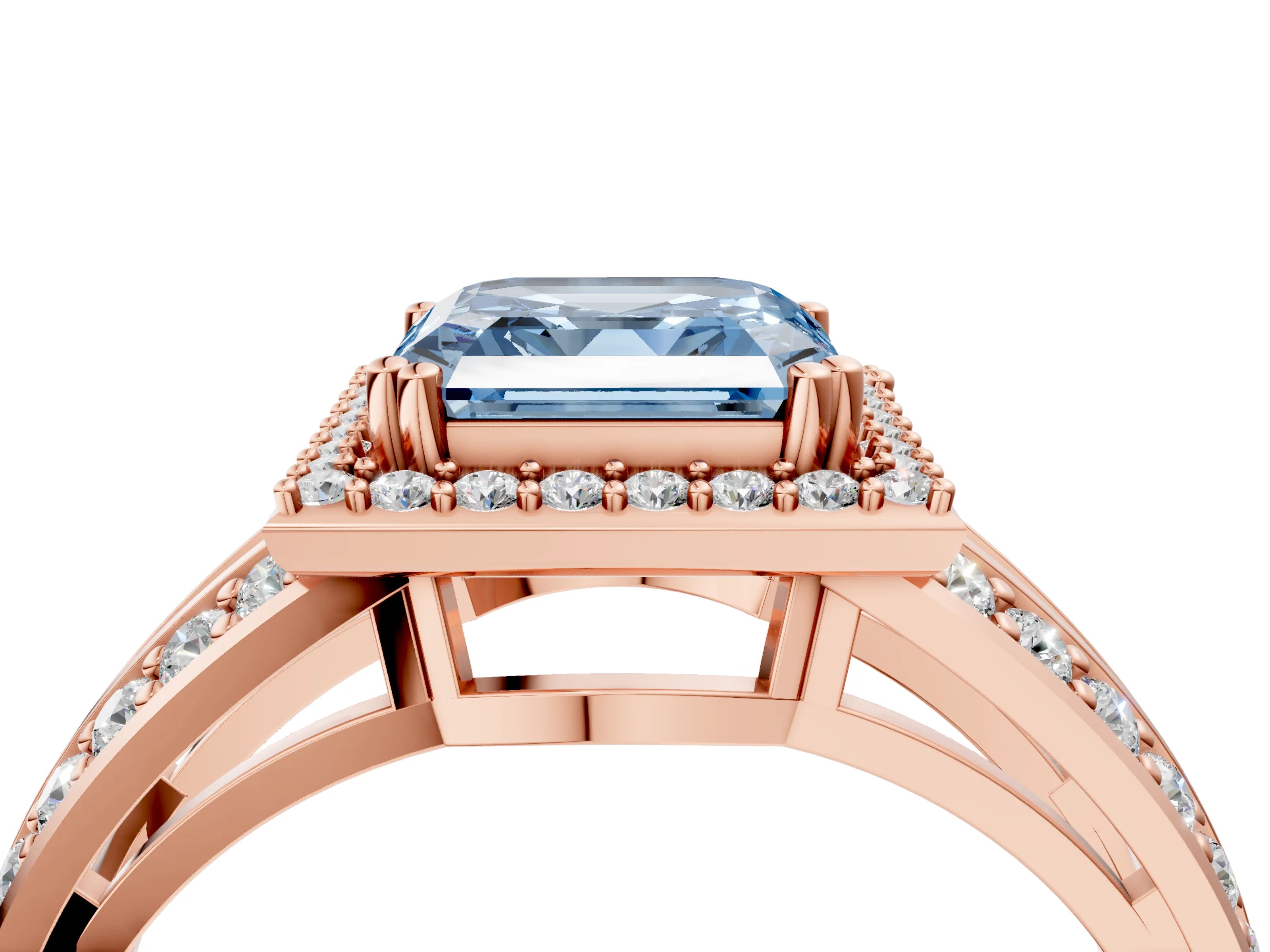 Rose gold Fancy Blue Asscher Cut Diamond Halo Ring with Split Shank Pavé Band and Four-Prong Setting_4